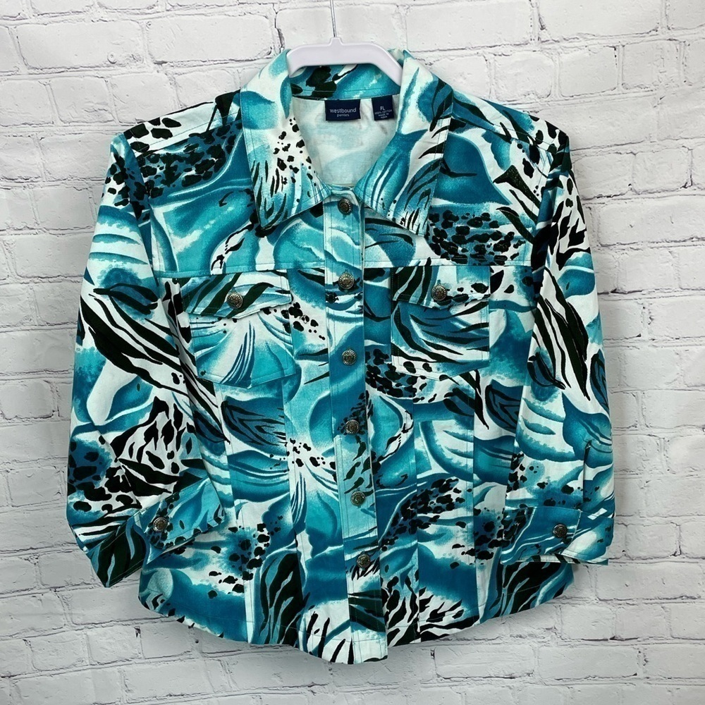 Westbound Petites 3/4 Sleeve Blue/Black Floral Button Down Jacket Petite Large